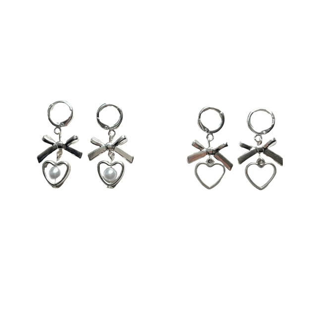 silver heart and bow huggie hoop earrings