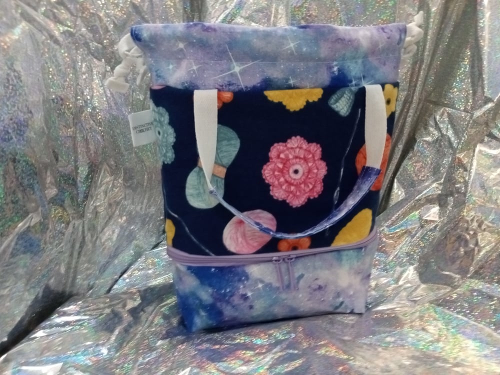 Image of Sock Size Yarn skeins & Purple Double Decker Project Bag
