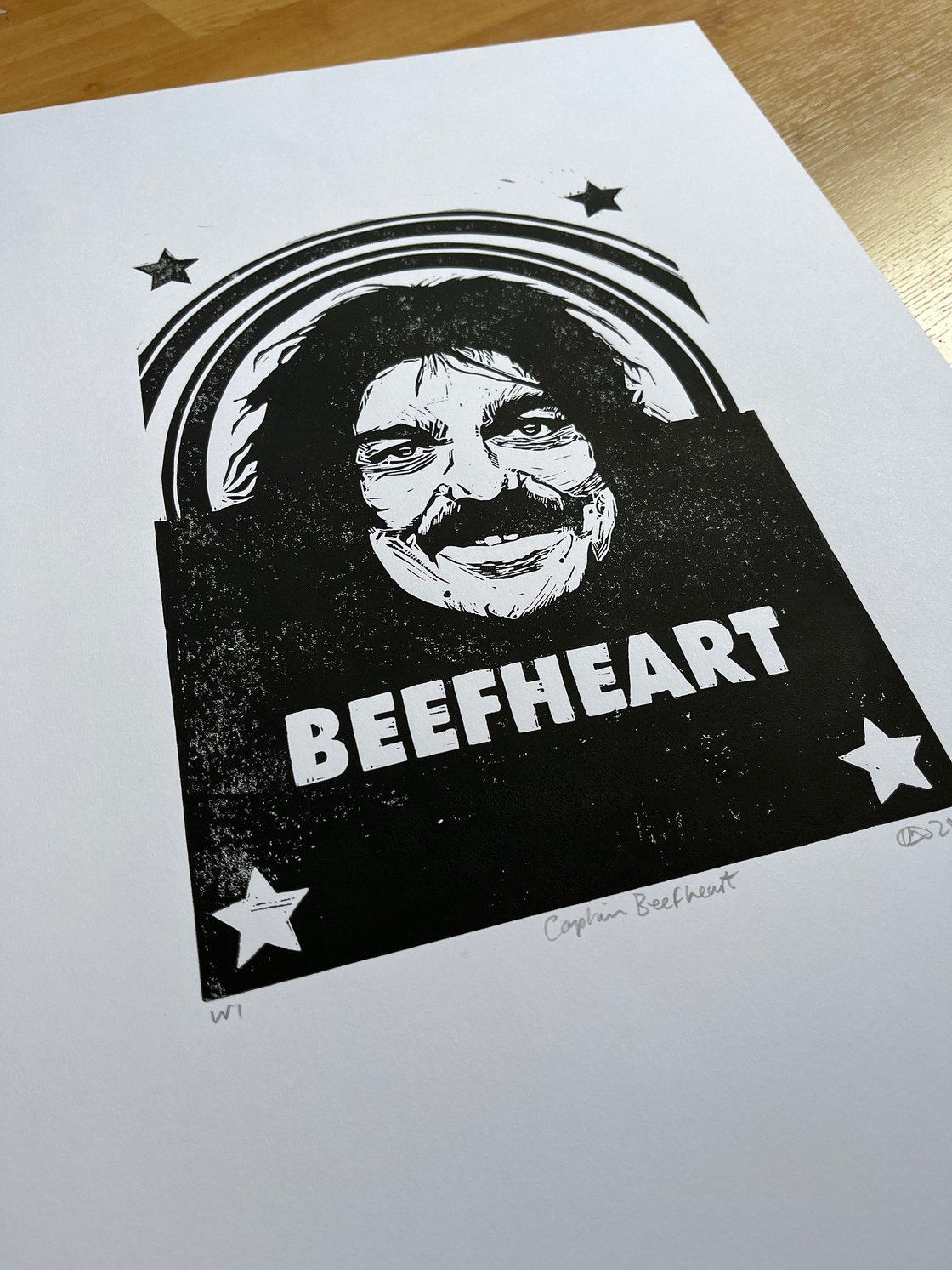 Image of Captain Beefheart. Hand Made. Original A3 linocut print.