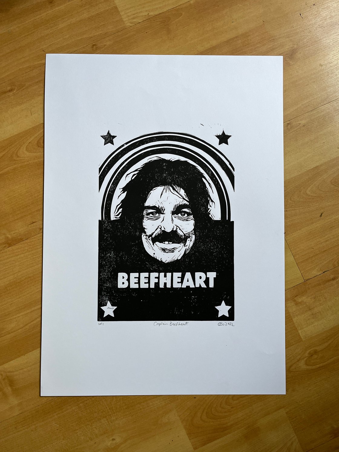 Image of Captain Beefheart. Hand Made. Original A3 linocut print.