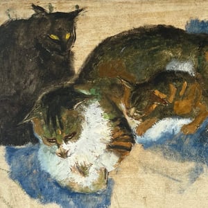 Image of Early 20thC Painting, 'Cats and Kitten.'