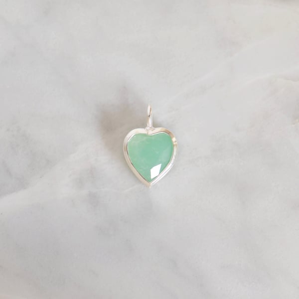 Image of Chrysoprase heart shape diamond cut silver necklace