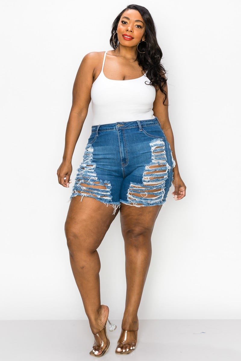 Image of 3PACK PLUS  SIZE DOUBLE SLICED SHORTS-DENIM