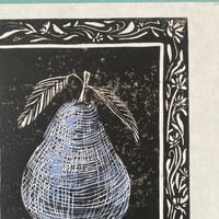 Image 3 of Rare as a Blue Pear Linocut (white paper)