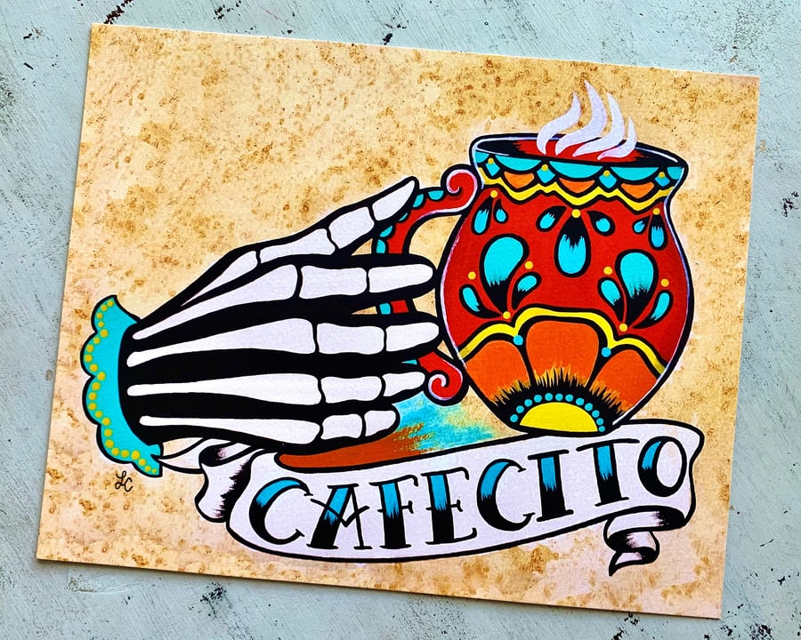 Image of Day of the Dead "Cafecito" Coffee Tattoo Art Print