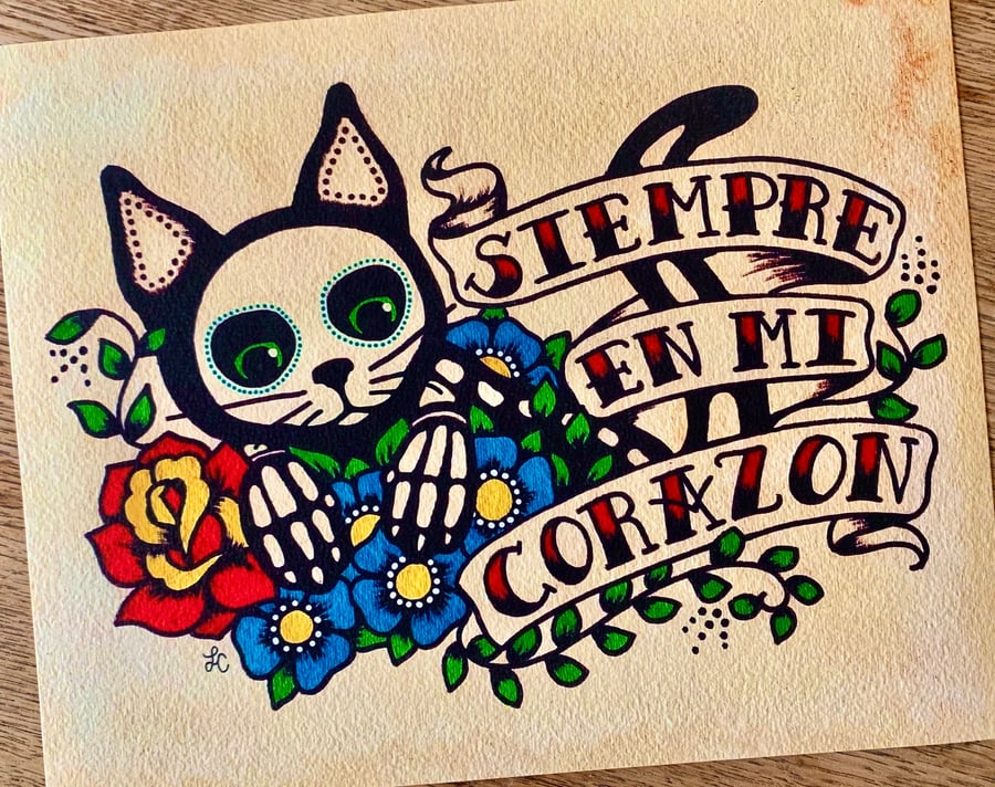 Image of Day of the Dead Cat "Siempre En Mi Corazon" Art Print
