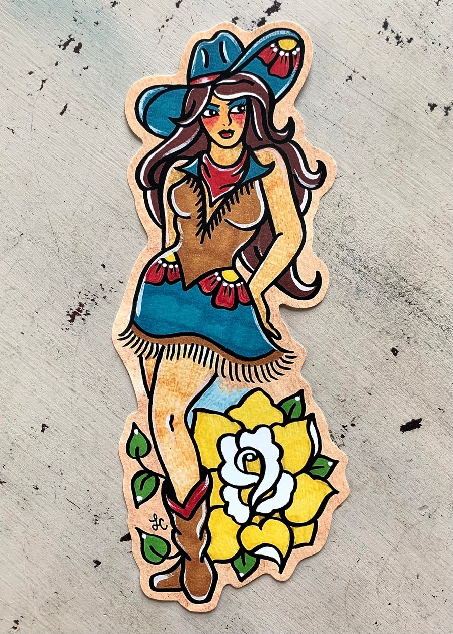 Image of Traditional Tattoo Cowgirl Pin-up Sticker Decal