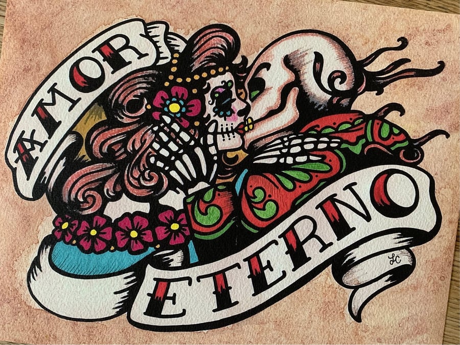 Image of Day of the Dead "Amor Eterno" Sugar Skull Love Couple Art Print