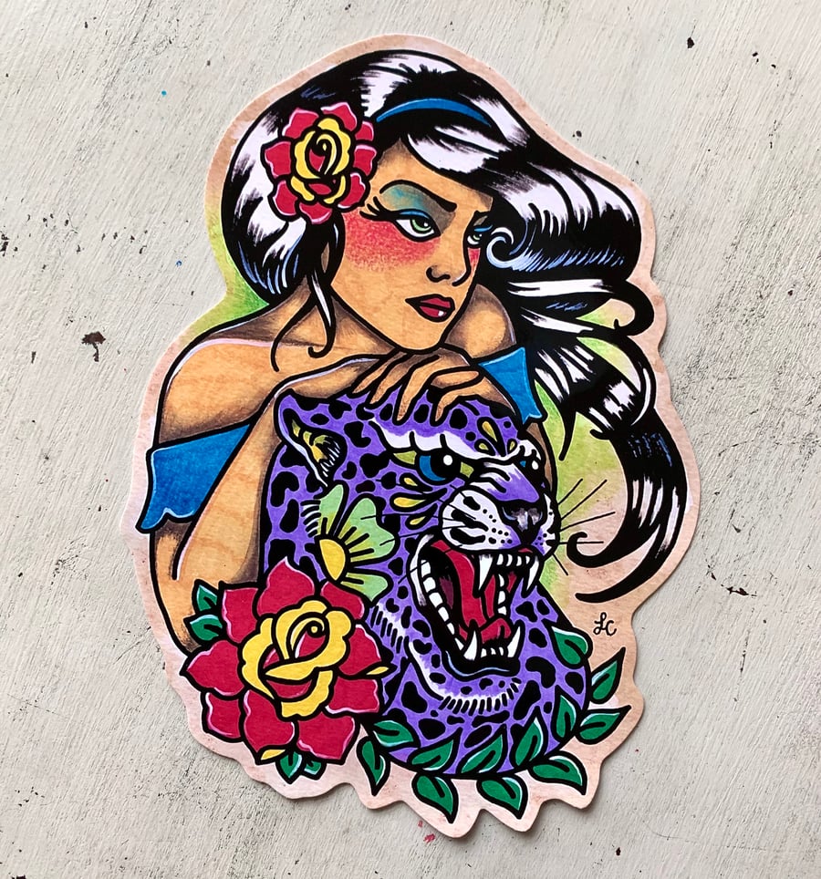 Image of Traditional Tattoo Jaguar and Woman Sticker Decal