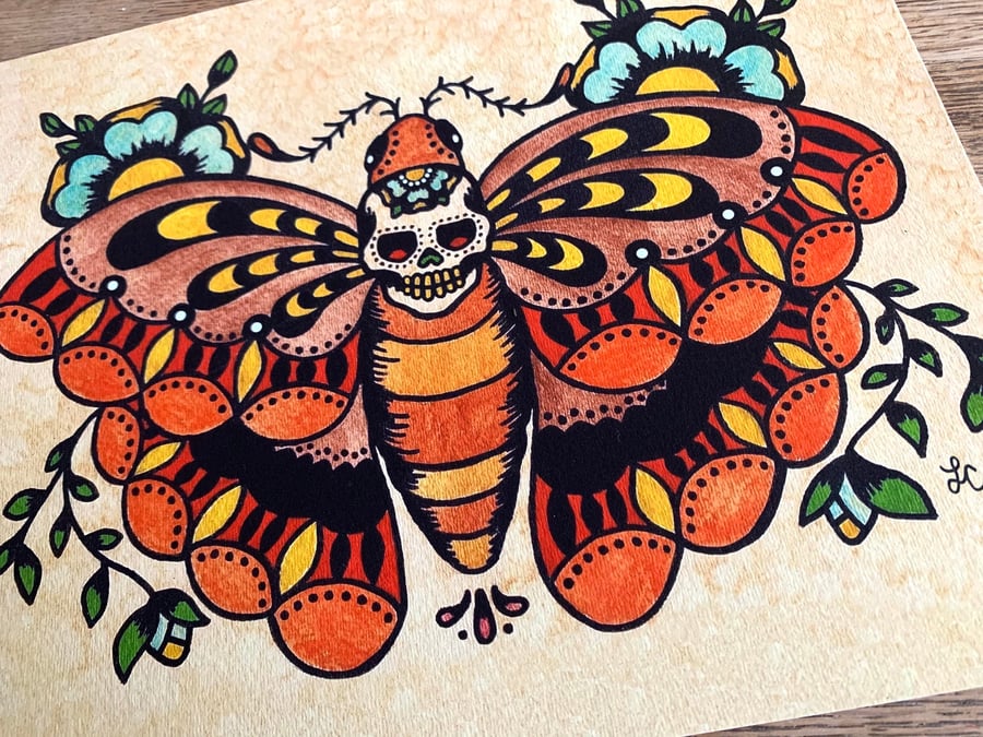 Image of Traditional Tattoo Death MOTH Sugar Skull Art Print 