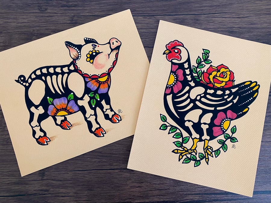 Image of Day of the Dead Chicken Mexican Folk Art Print