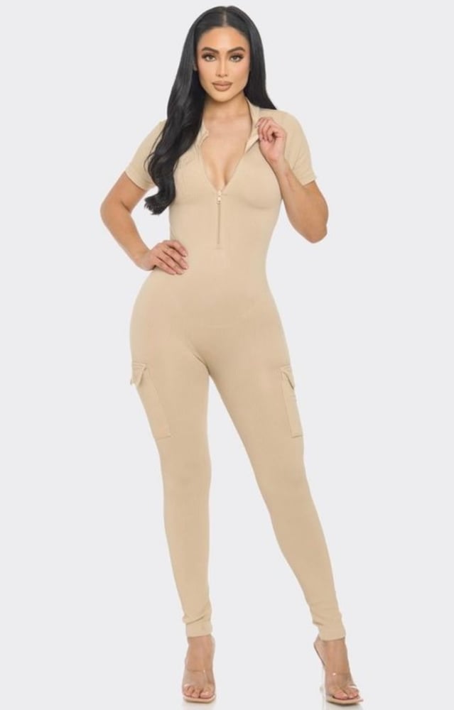 Image of Ribbed Cargo Jumpsuit (beige) 