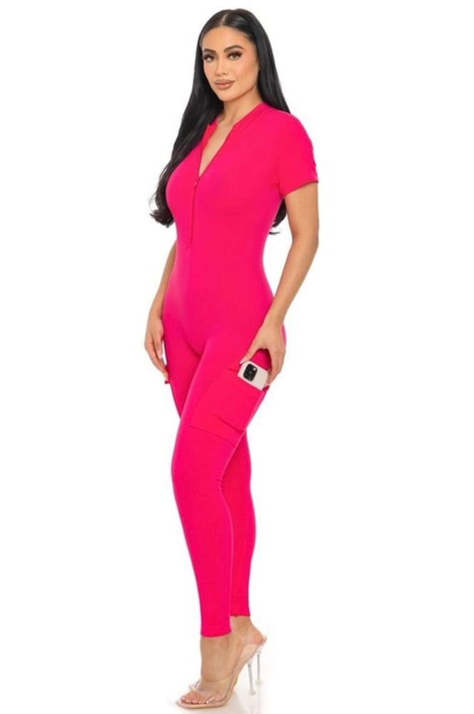 Image of Ribbed Cargo Jumpsuit (dark pink) 