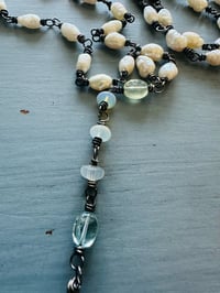 Image 11 of hand wrapped pearl and gemstone rosary style necklace with cross pendant