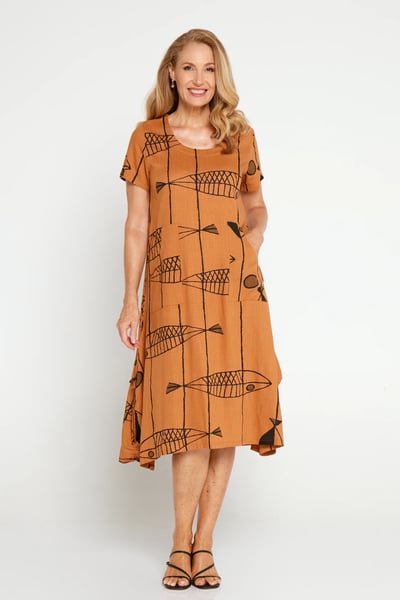 Image of Fish Linen Cotton Dress Sleeve - Rust