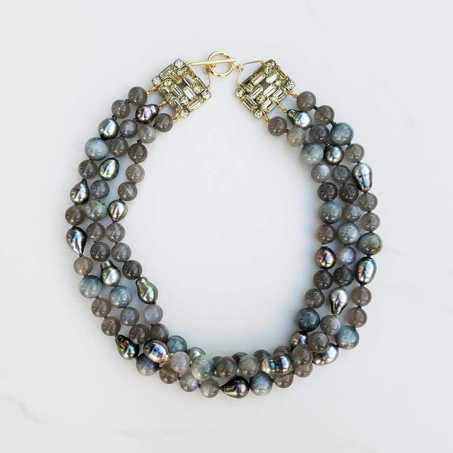 Vintage Rhinestone Moonstone & Tahitian Pearl Necklace