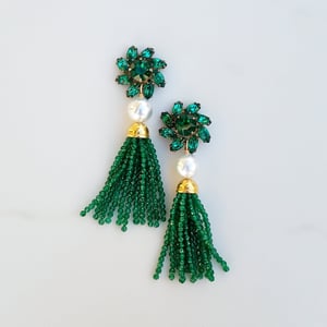Green Rhinestone & Onyx Tassel Earrings