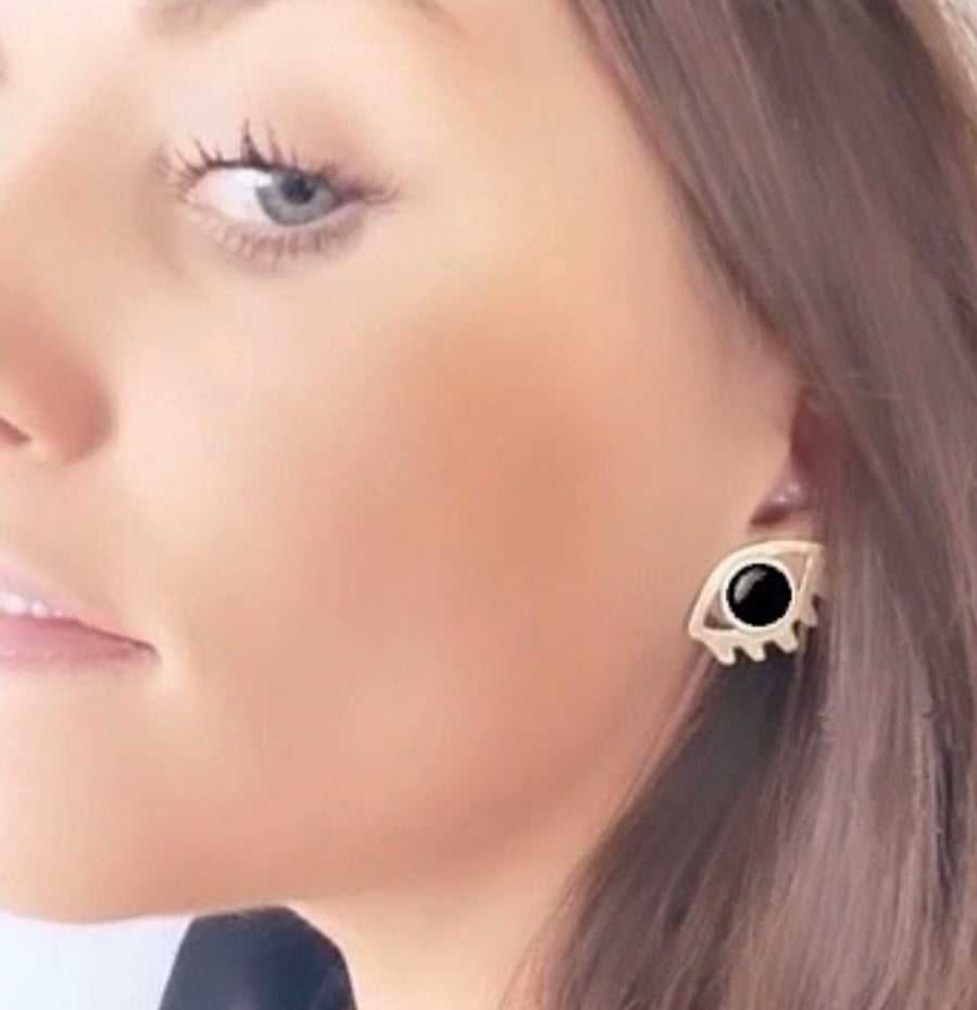 Image of Large Eye with Lashes Statement Earrings with Black Onyx