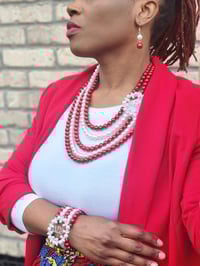 Image 2 of 5 Layer Red & White Pearl Necklace, Earrings & Bracelet Set