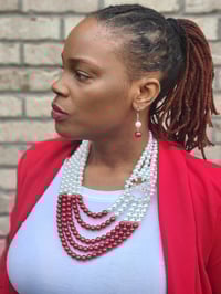 Image 3 of 1/2 Red & White 5 Layer Pearl Necklace w/ Earrings