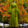 Spring Olive Marabou-cuffed "Beverly" Dressing Gown Limited Edition Collector Color 