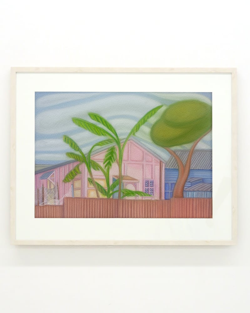 Image of Lucy O'Doherty 'Pink bungalow with banana palms and low lying clouds’. Original artwork