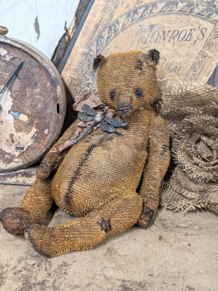 Image of  7"  Primitive style  VINTAGE SPARSE MOHAIR with dragonfly charm by whendi's bears