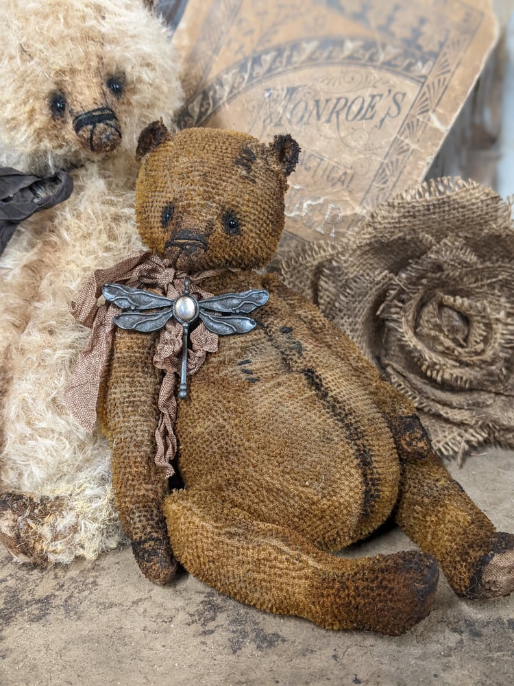 Image of  7"  Primitive style  VINTAGE SPARSE MOHAIR with dragonfly charm by whendi's bears