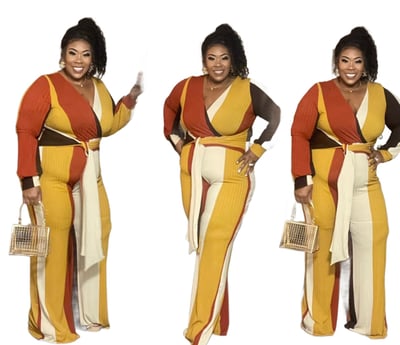 Image of 4PACK PLUS SIZE COLORBLOCK TIE WIAST JUMPSUIT