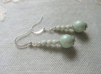 Image 3 of Czech Glass Bead Earrings, Mint & Silver, Pierced or Clip On