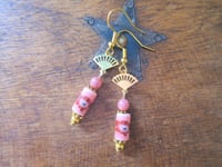 Image 4 of Cherry Blossom Fan Earrings, Pink & Gold, Pierced or Clip On