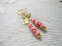 Image 5 of Cherry Blossom Fan Earrings, Pink & Gold, Pierced or Clip On