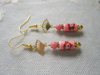Image 3 of Cherry Blossom Fan Earrings, Pink & Gold, Pierced or Clip On