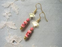 Image 6 of Cherry Blossom Fan Earrings, Pink & Gold, Pierced or Clip On