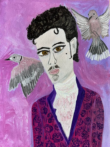 Image of The Purple One (aka Prince Rogers Nelson) with mourning doves - original painting