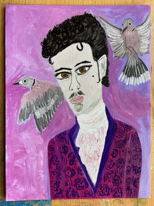 Image of The Purple One (aka Prince Rogers Nelson) with mourning doves - original painting