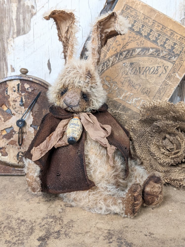 Image of 7" (10" incl ears)  Vintage MOHAIR Rabbit in distressed Dolly Coat by Whendi's Bears