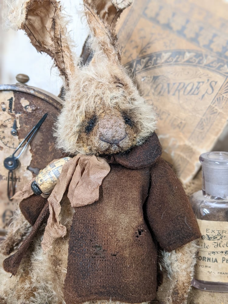 Image of 7" (10" incl ears)  Vintage MOHAIR Rabbit in distressed Dolly Coat by Whendi's Bears