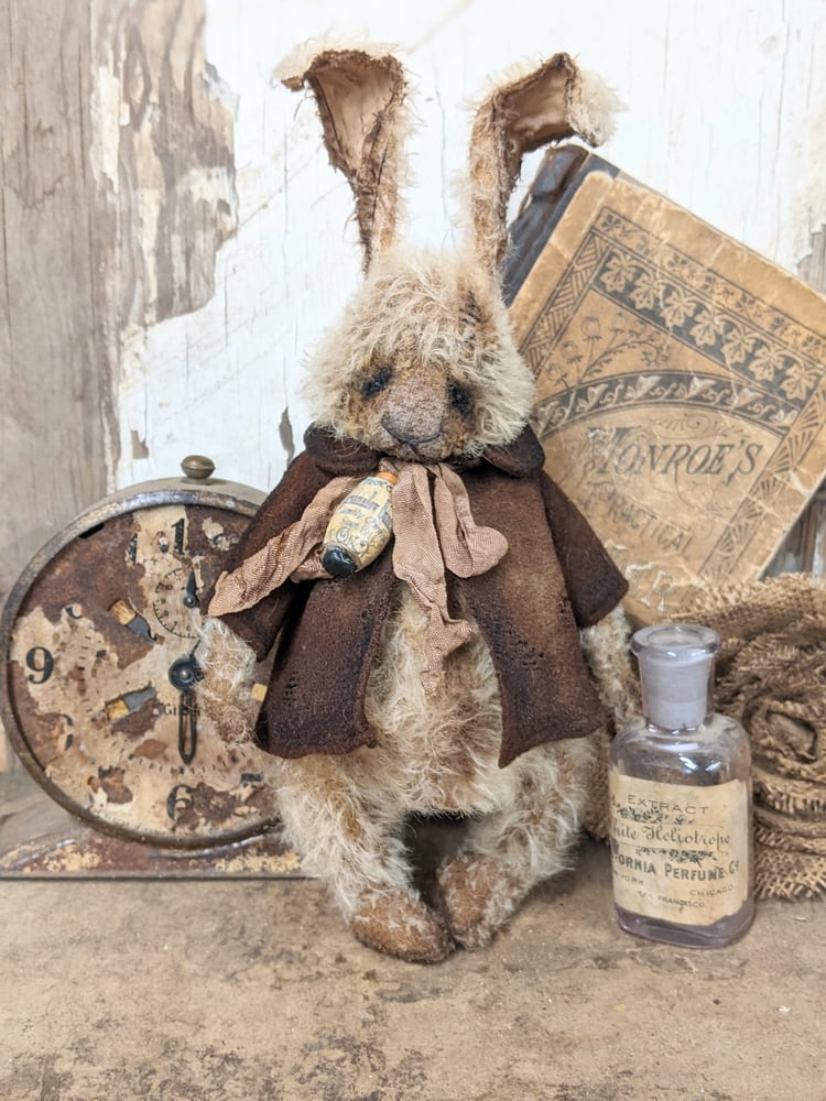 Image of 7" (10" incl ears)  Vintage MOHAIR Rabbit in distressed Dolly Coat by Whendi's Bears
