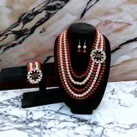 Image 1 of 5 Layer Red & White Pearl Necklace, Earrings & Bracelet Set