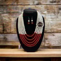 Image 1 of 1/2 Red & White 5 Layer Pearl Necklace w/ Earrings