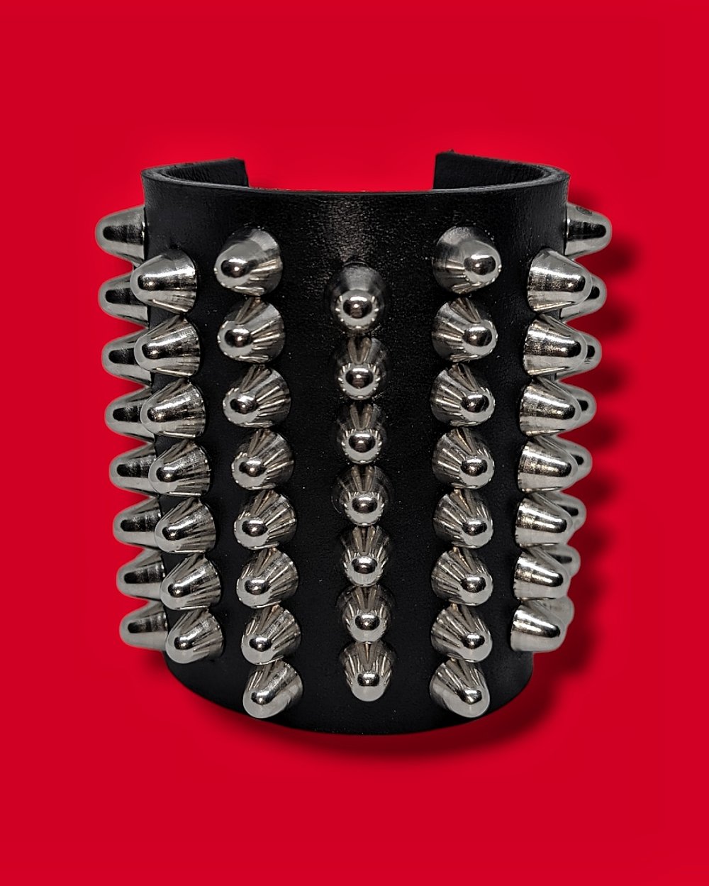 Leather Cuff of Small Silver Cones Studs 7-8, two buckles