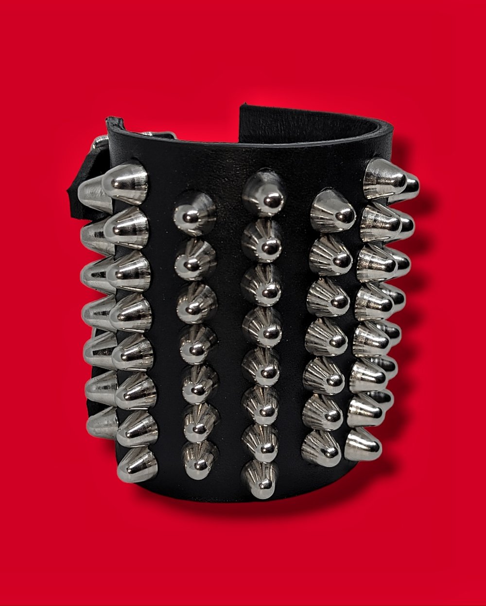 Leather Cuff of Small Silver Cones Studs 7-8, two buckles