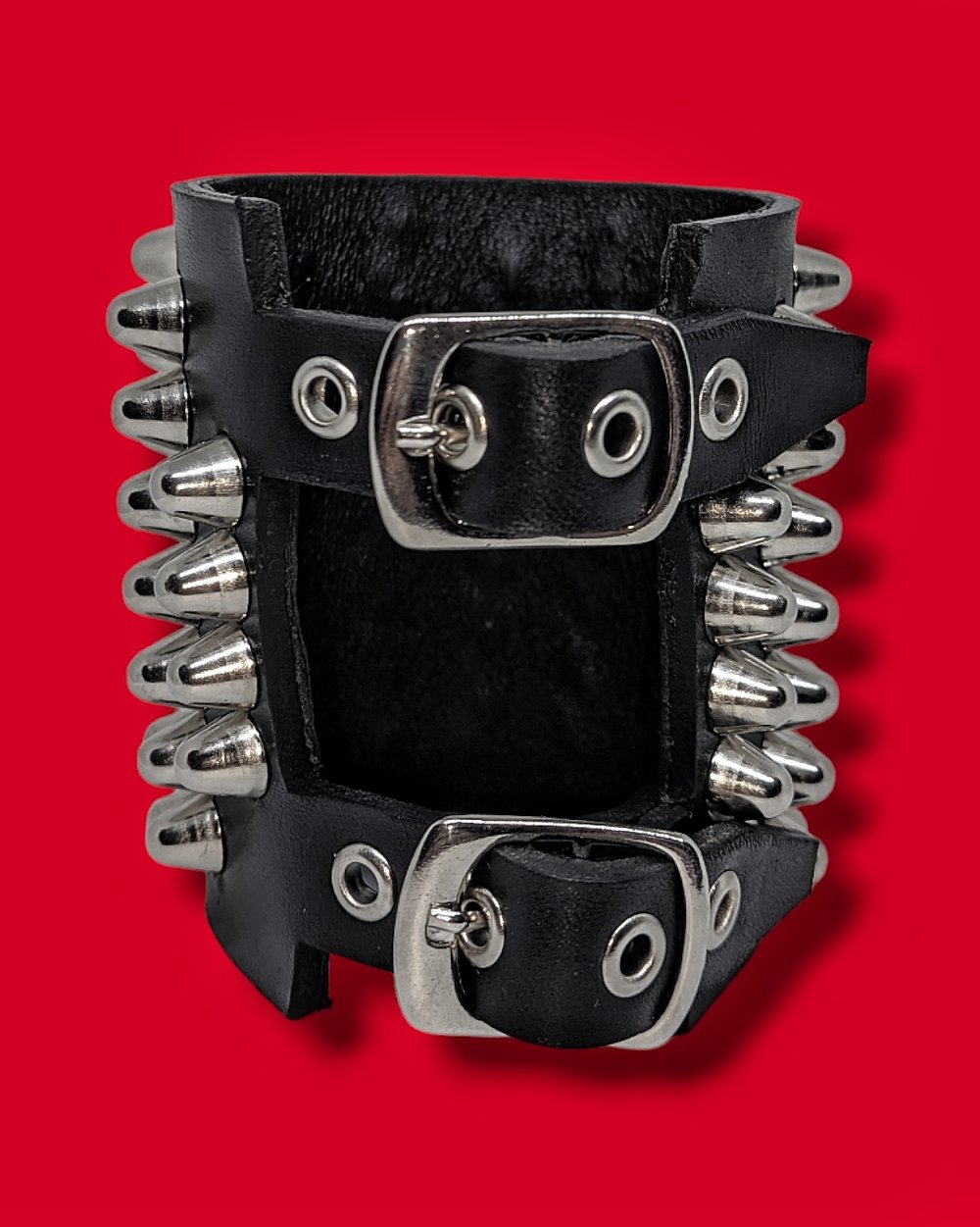Leather Cuff of Small Silver Cones Studs 7-8, two buckles