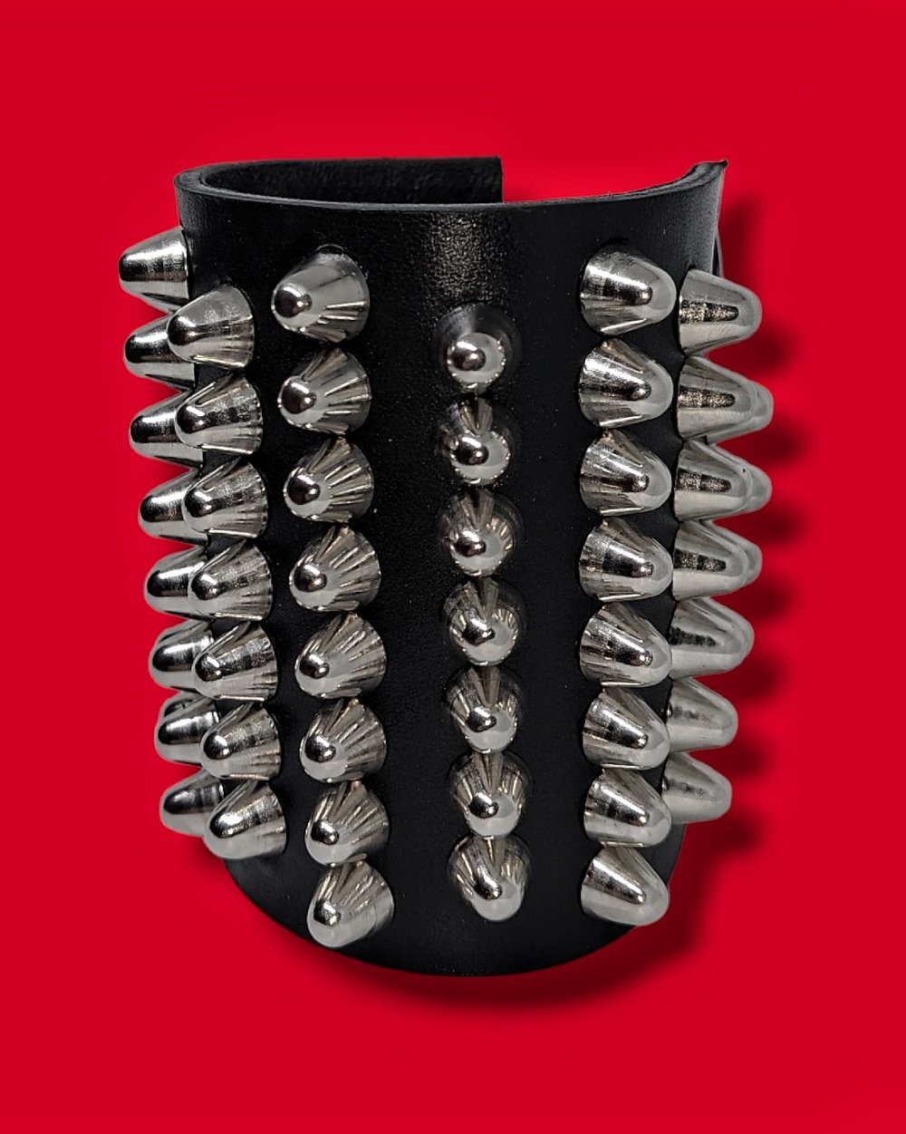Leather Cuff of Small Silver Cones Studs 7-8, two buckles