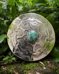 Image 4 of WL&A Handmade Old Style Sterling Silver + Royston Turquoise Chopper Gas Cap (Floral)