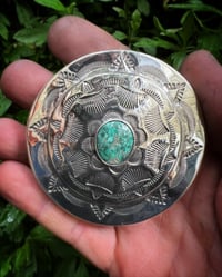Image 5 of WL&A Handmade Old Style Sterling Silver + Royston Turquoise Chopper Gas Cap (Floral)