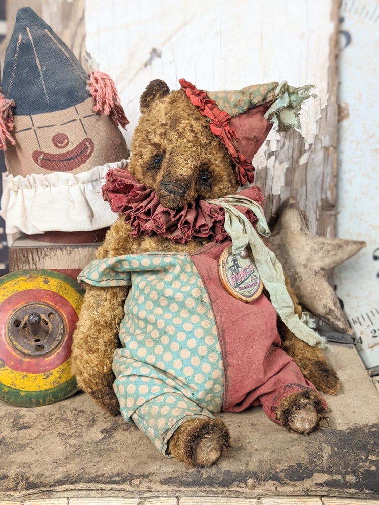 Image of PUNCH - 12" BIGGY Vintage Old Worn Mohair Carnival Teddy Bear w/aged romper outfit by Whendi's Bears