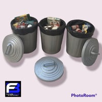 Image 1 of Miniature Trash can for fingerboarding, diorama and dollhouse 1/8 scale w/ trash included