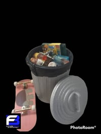 Image 5 of Miniature Trash can for fingerboarding, diorama and dollhouse 1/8 scale w/ trash included